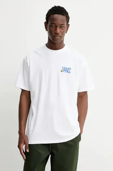 Bavlněné tričko Vans pánské, bílá barva, s potiskem, VN000PBRWHT1