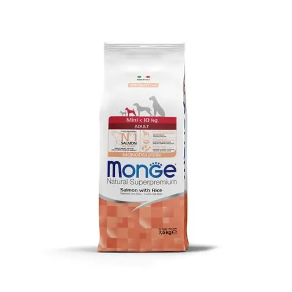 MONGE Natural Superpremium Mini Adult 7,5kg monoproteínové krmivo losos/ryža pre dospelých psov malých plemien