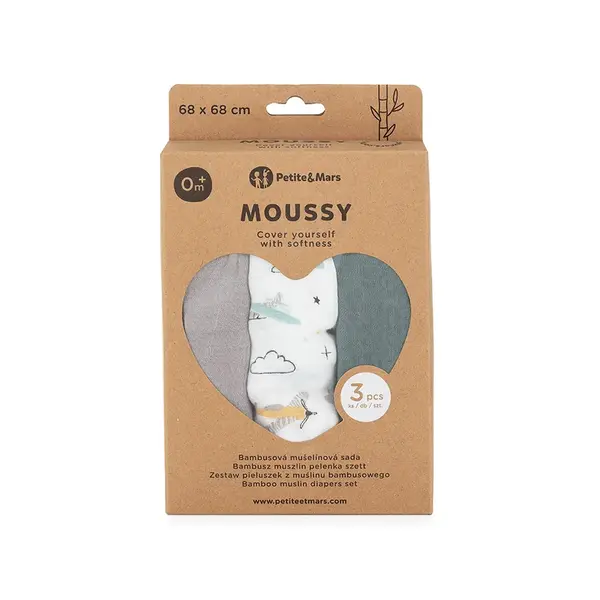 Petite&Mars Sada plen bambusová mušelínová Moussy 68 x 68 cm 3 ks Grey Planes