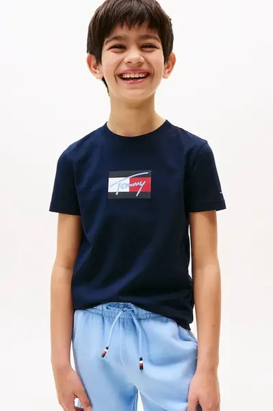 Dětské bavlněné tričko Tommy Hilfiger tmavomodrá barva, s potiskem, KB0KB09725