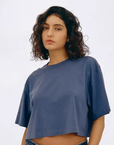Tričko Organic Basics True Boxy Crop Tee Stone Blue