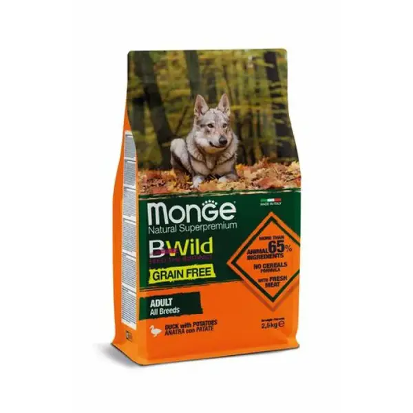 MONGE BWild Grain Free Adult All Breeds 2,5kg bezobilninové kompletné krmivo pre dospelých psov všetkých plemien s kačacím mäsom a zemiakmi