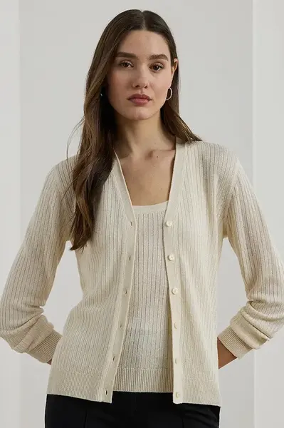 Lněný kardigan Lauren Ralph Lauren dámský, béžová barva, 200971350