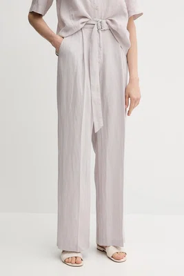 Lněné kalhoty Sisley dámské, šedá barva, high waist, 4AGHLF06U