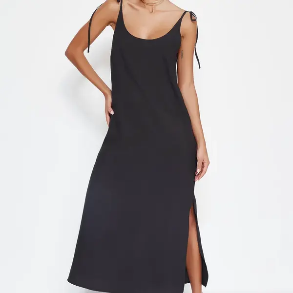 Trendyol Black Straight Cut Slit Strappy Maxi Woven Dress