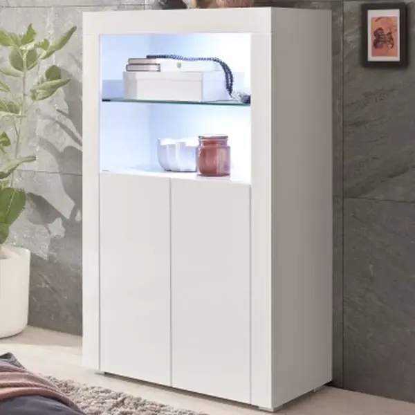 Vysoká skříňka Leeds, bílá lesk, s osvětlením