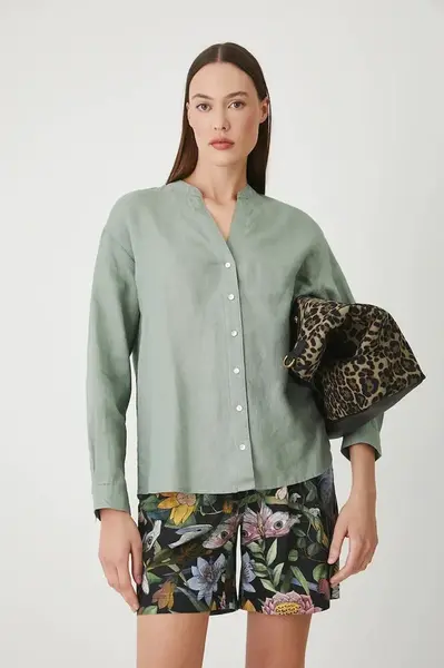 Lněná halenka Medicine zelená barva, hladká