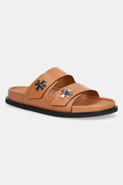 Kožené pantofle Tory Burch T Lock Sport Slide dámské, hnědá barva, 166905-250