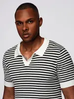 Ombre Men's knitted buttonless polo shirt with navy stripes - black and white