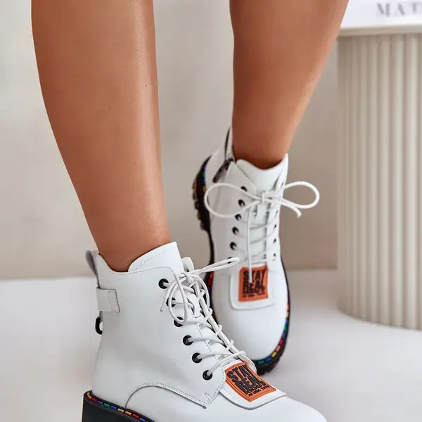 Women's Leather Ankle Boots Zipper Artiker White