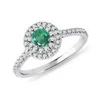 Diamantový halo prsten se smaragdem v bílém zlatě KLENOTA