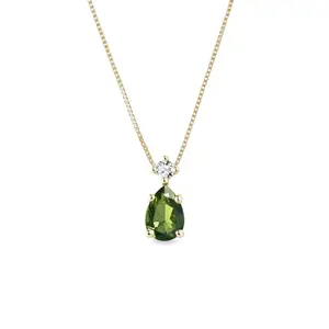 Zlatý náhrdelník s vltavínem v brusu kapky a briliantem KLENOTA