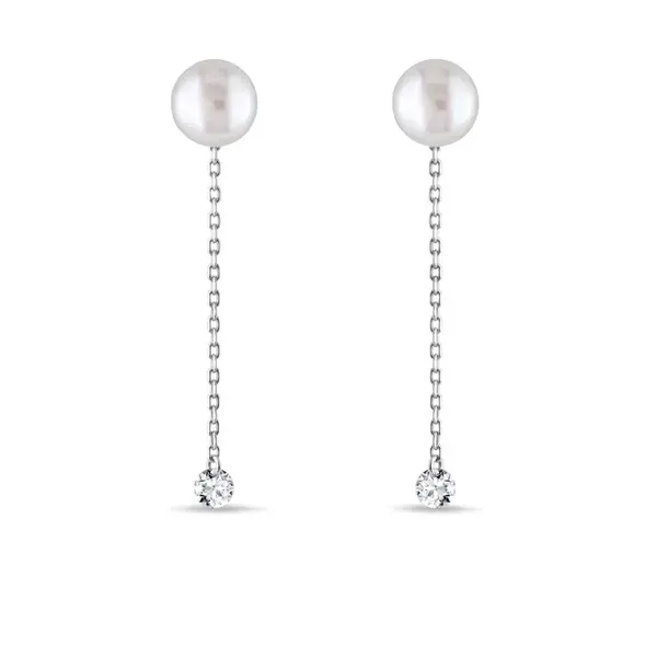 Řetízkové náušnice s perlou a diamantem v bílém zlatě KLENOTA