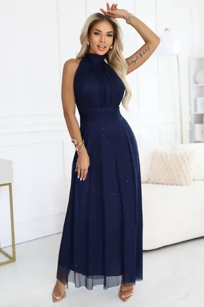 636-2 VERONICA luxurious long dress with a brocade accent and a chic cut - navy blue