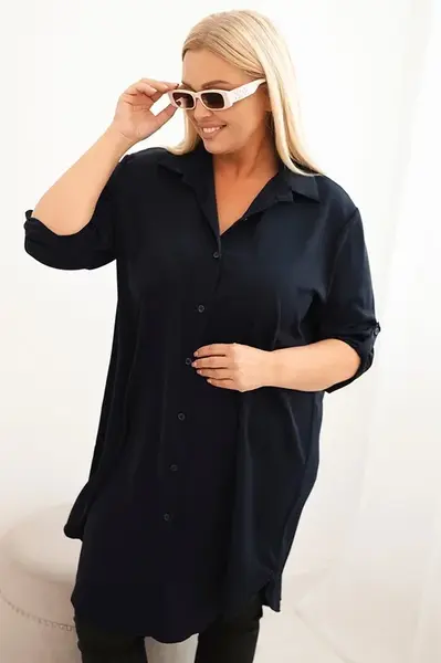 Kesi Włoski Dámská košilová šaty Plus Size s delším zadním dílem a ohrnovacími rukávy granátová