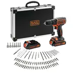 BLACK+DECKER Náradie - 18V AKU vŕtací skrutkovač s príslušenstvom, 2x aku 1,5 Ah Li-Ion, nabíjačka BDCDC18BAFC-QW