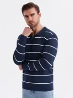 Ombre Men's horizontal striped polo longsleeve with viscose - navy blue and white