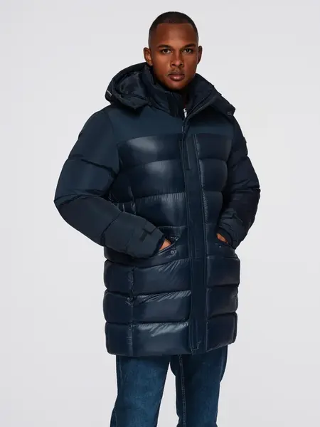 Ombre Men's quilted jacket with combined materials and hood - navy blue