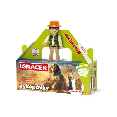 Igráček Archeolog - figurka s egyptskými vykopávkami masky faraona a sošky bohyně Bastet