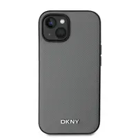 Zadní kryt DKNY PU Leather Silver Metal Logo Magsafe pro Apple iPhone 13, šedá