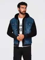 Ombre Men's denim jacket with knitted sleeves and hood - blue and black