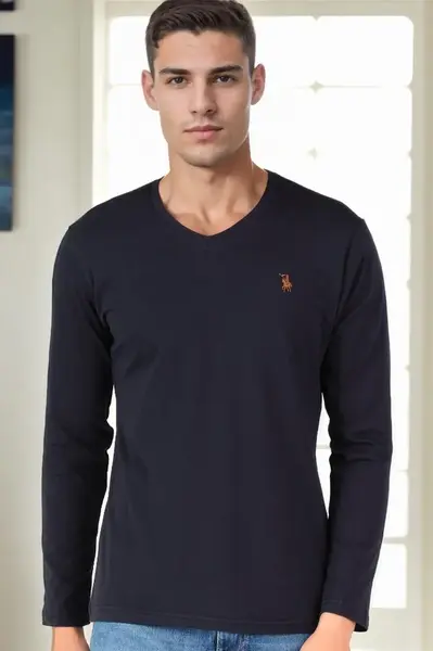 T9587 DEWBERRY V-NECK MEN'S LONG SLEEVE T-SHIRT-NAVY BLUE