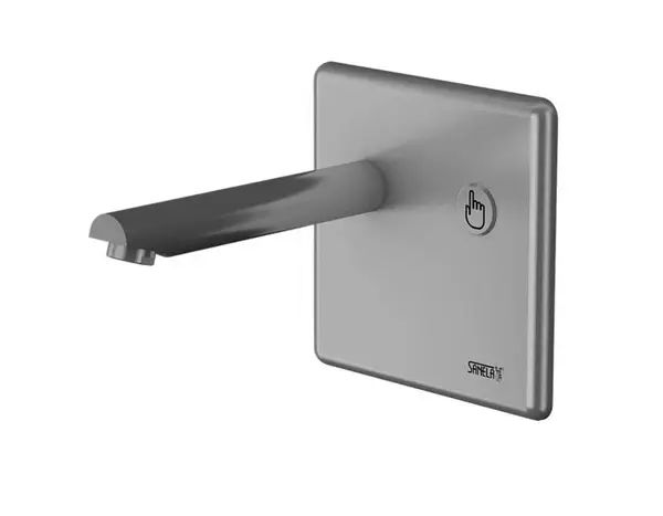 Sanela Senzorové batérie - Umývadlová batéria z nehrdzavejúcej ocele s tlačidlom piezo, nástenná, dĺžka výtoku 250 mm, 9 V SLU 04P25B