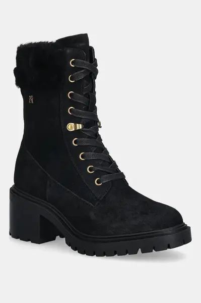 Semišové boty Tommy Hilfiger TH SHEARLING LACE UP BOOT černá barva, na podpatku, lehce zateplené, FW0FW08999