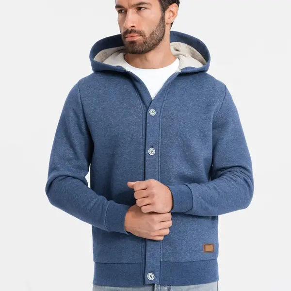 Ombre Men's button-down hooded sweatshirt - navy blue melange