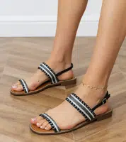 Gemre Black flat sandals with braid and rhinestones Sevina