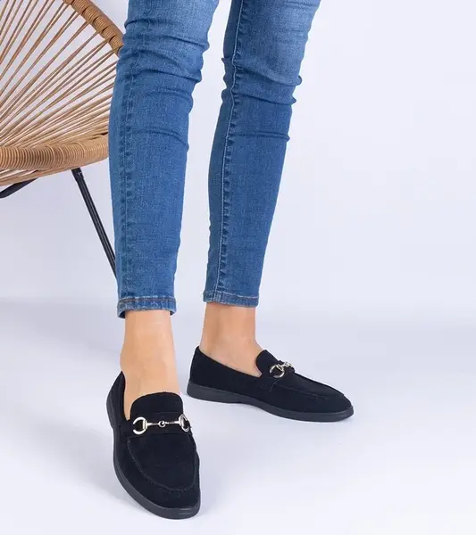 Gemre Black perforated eco-suede moccasins with a gold decoration Truffi