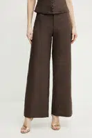 Lněné kalhoty Bardot ENYA dámské, hnědá barva, široké, high waist, 58427PB3