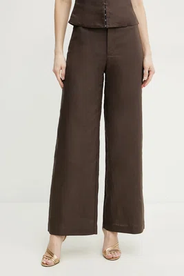 Lněné kalhoty Bardot ENYA dámské, hnědá barva, široké, high waist, 58427PB3