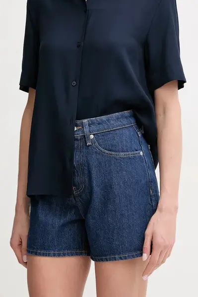 Džínové šortky Tommy Hilfiger dámské, modrá barva, hladké, high waist, WW0WW44385