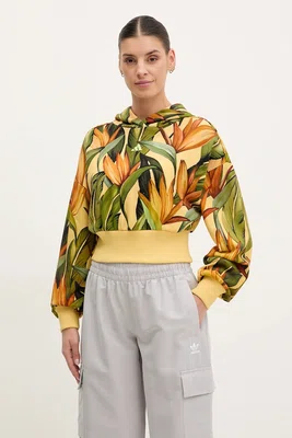 Bavlněná mikina adidas x Farm Rio dámská, žlutá barva, s kapucí, vzorovaná, JD6282