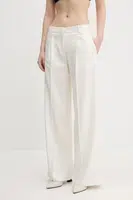 Lněné kalhoty HUGO dámské, béžová barva, široké, high waist, 50537619