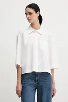 Bavlněná košile Sisley dámská, bílá barva, relaxed, s klasickým límcem, 5WMELQ08V