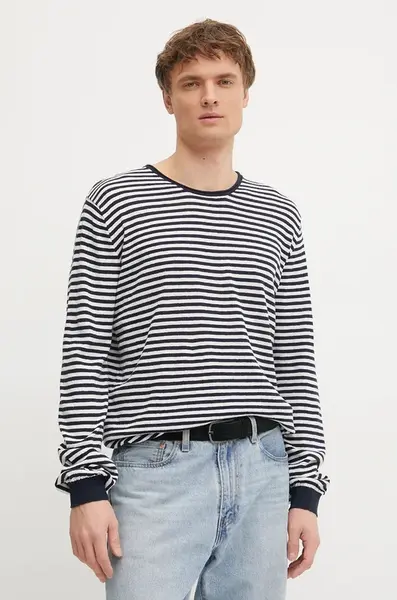 Svetr s příměsí lnu Pepe Jeans LAYNE STRIPES pánský, tmavomodrá barva, lehký, PM702508
