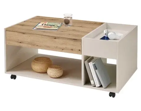 Konferenční stolek s přihrádkami Emil, béžový kašmír/dub artisan