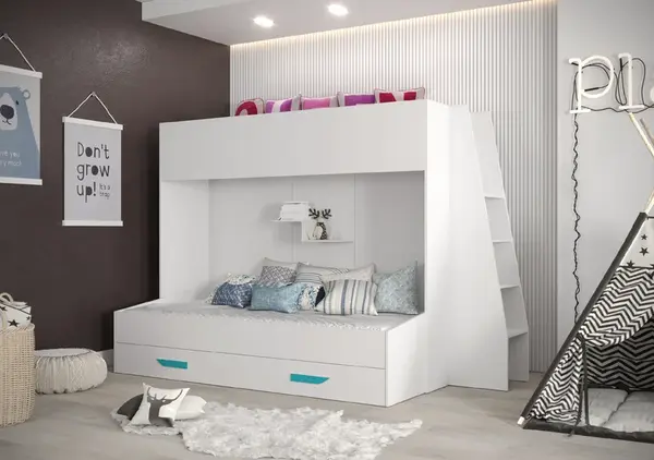 Dětský pokoj Party 17b s volbou barvy úchytů - 2 postele a příkré schody Barva korpusu: Bílá, Úchytky: Tyrkysové