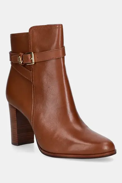Kožené kotníkové boty Lauren Ralph Lauren Brke Bt Hl 2 dámské, hnědá barva, na podpatku, 802974475001