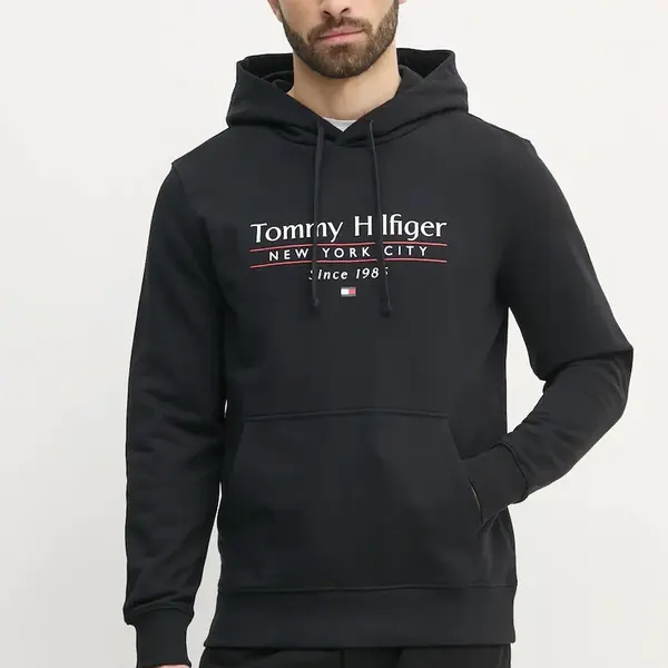 Bavlněná mikina Tommy Hilfiger pánská, černá barva, s kapucí, s potiskem, MW0MW38672