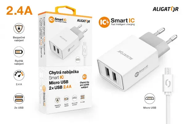 Chytrá síťová nabíječka ALIGATOR 2.4A, 2xUSB, smart IC, Micro USB kabel 2A, bílá