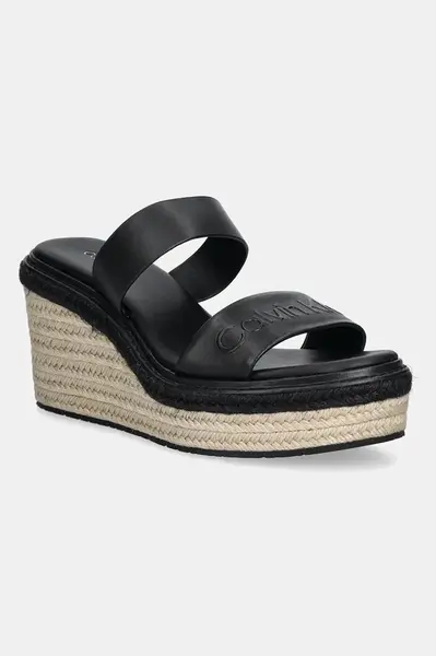 Kožené pantofle Calvin Klein WEDGE SANDAL 50 - HE dámské, černá barva, na klínku, HW0HW02375