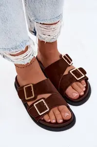 Dámské semišové pantofle se zlatými přezkami