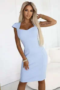 318-8 Elegant midi dress with a nice neckline - light blue