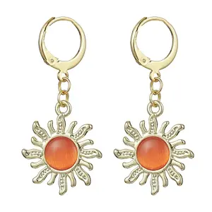 Golden Alloy Sun Shape Dangle Leverback Earrings with Cat Eye