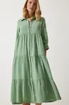 Happiness İstanbul Women's Green Muslin Flared Shirt Dress