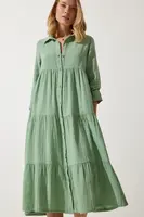 Happiness İstanbul Women's Green Muslin Flared Shirt Dress