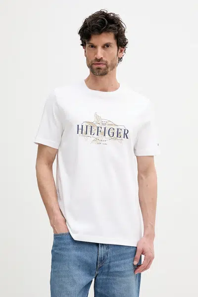 Bavlněné tričko Tommy Hilfiger pánské, bílá barva, s potiskem, MW0MW39353